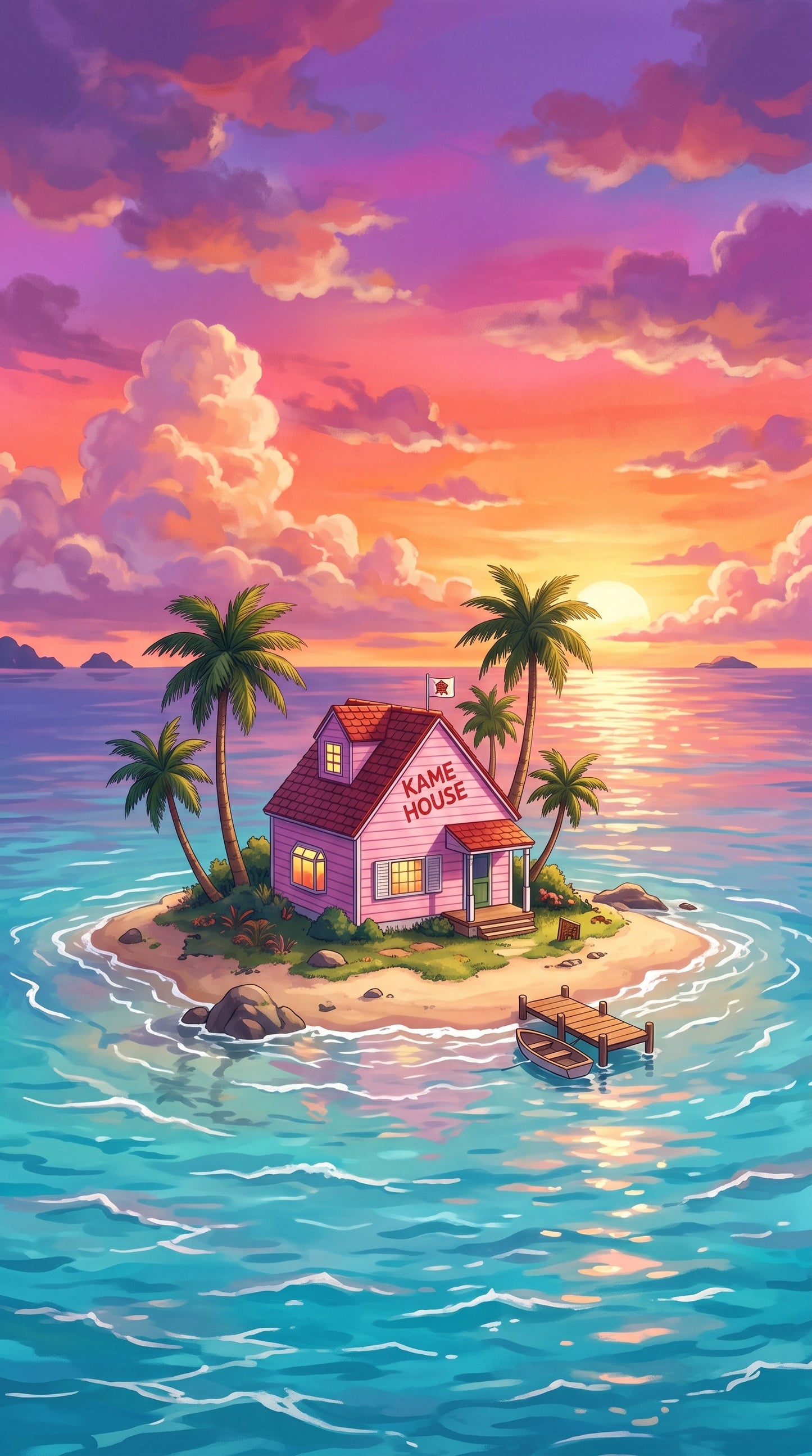 Kame House en isla tropical al atardecer