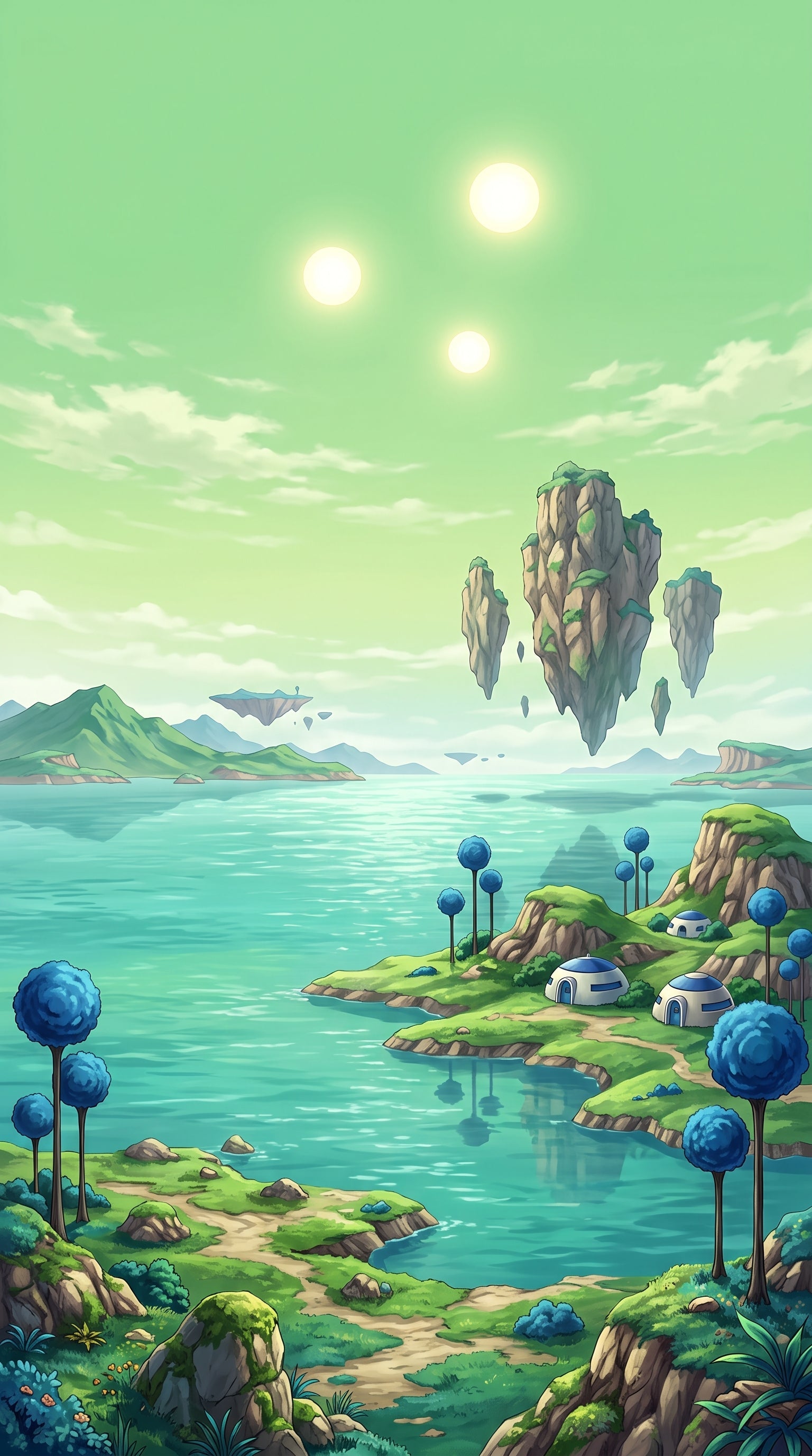 Planeta Namek con tres soles e islas flotantes