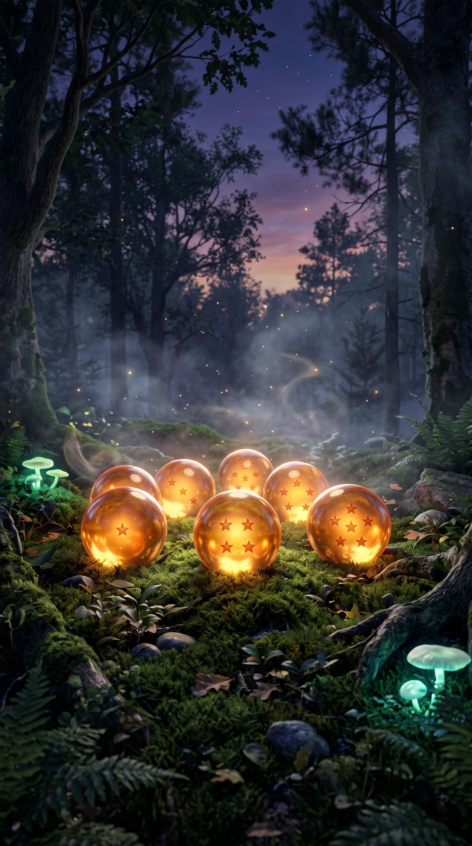 Las 7 Esferas del Dragón reunidas en un bosque mágico